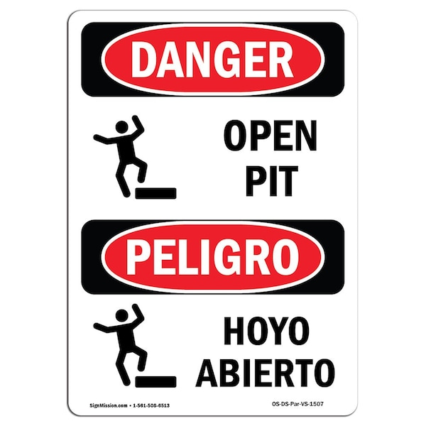 Safety Sign, OSHA Danger, 24" Height, Aluminum, Open Pit, Bilingual Spanish